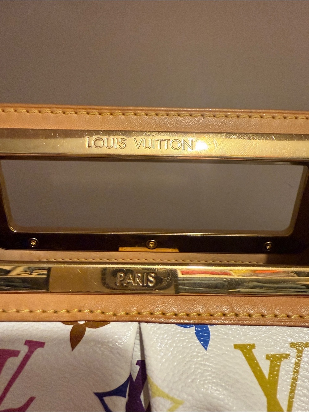 Authentic!! Louis Vuitton White Multicolor Monogram Canvas Clutch with Tan Trim - Picture 6 of 14